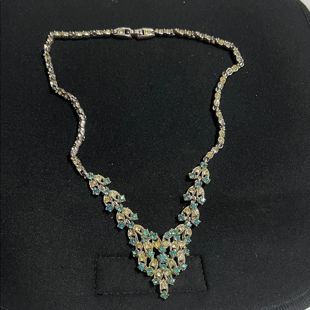 Vintage 1950’s Bogoff signed Aqua Blue and clear Rhinestone Necklace.
